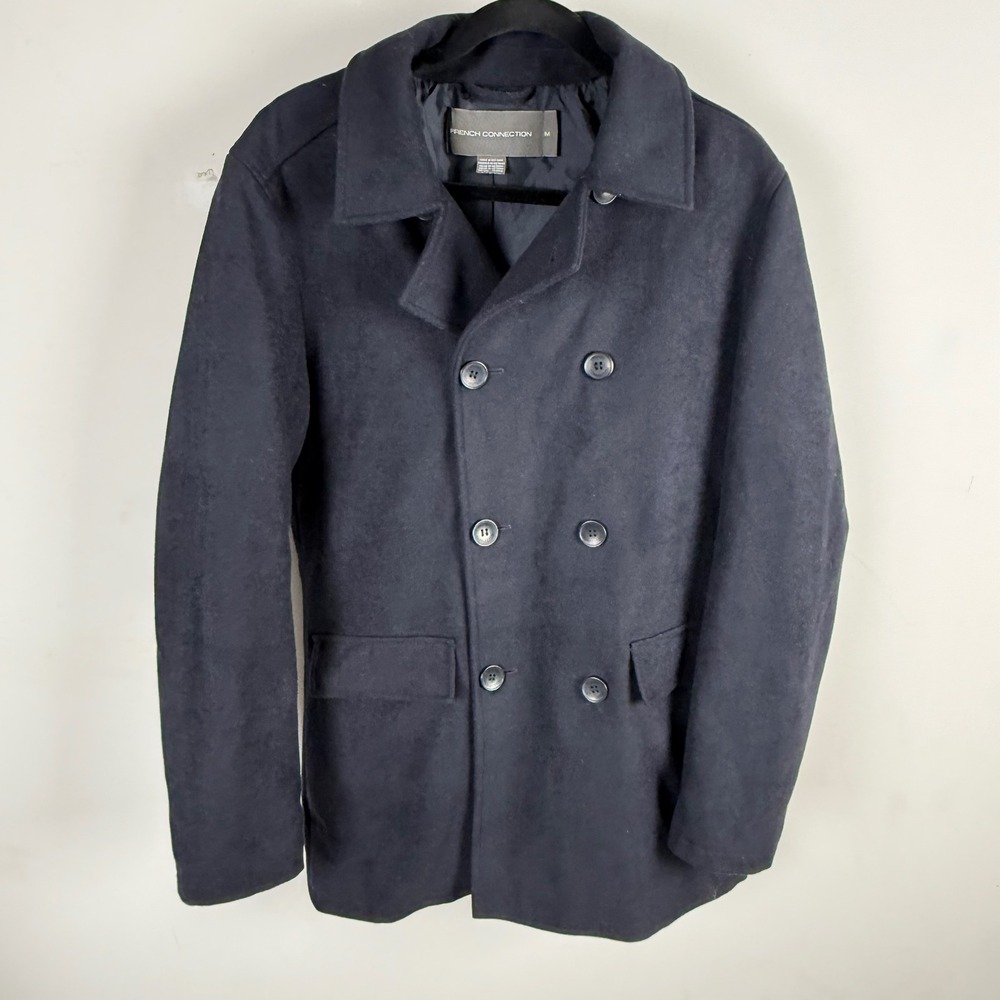 French Connection Peacoat Mens M Navy Wool Blend Double Breasted Coat‎ Classic